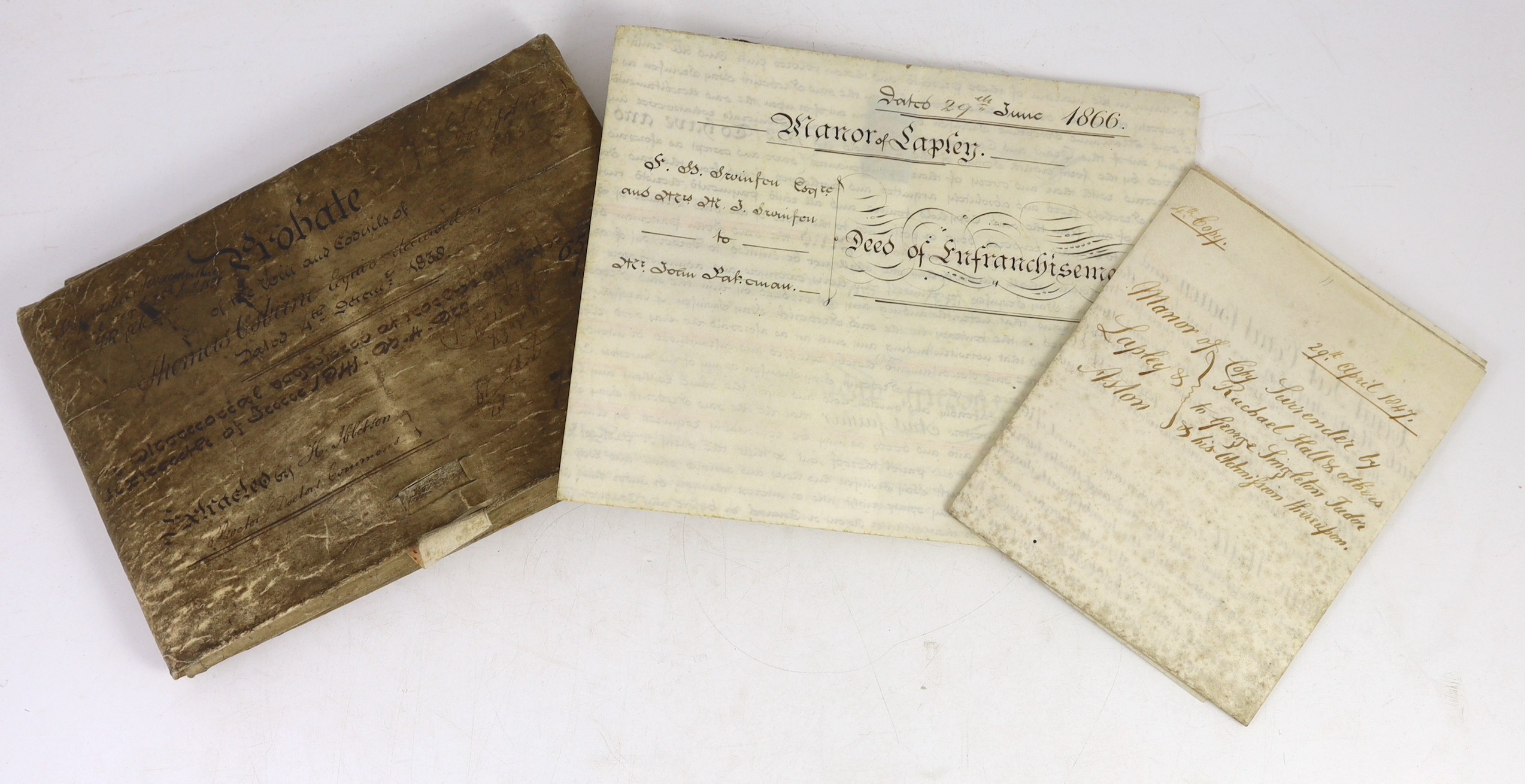 Three 19th legal documents on vellum:-The last will and testament of Thomas Osbourne, 4 leaves, dated 12th November, 1838, 65 x 72cms; Copy of a surrender of a lease, for land in the Manor of Lapley and Aston [Staffordsh